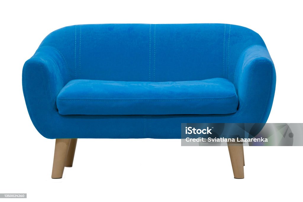 Blue sofa on wooden legs on a white background. Sofa Stock Photo