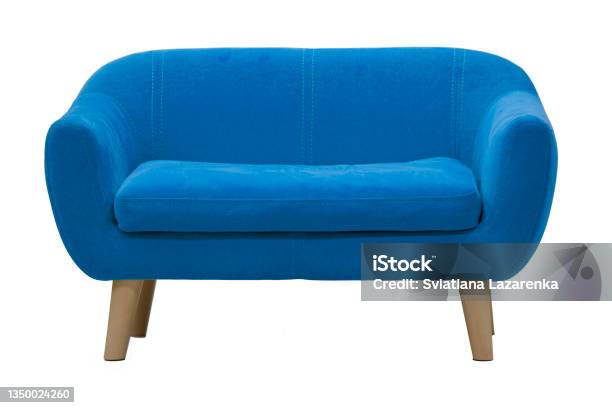 Blue Sofa On Wooden Legs On A White Background Stock Photo - Download Image Now - Sofa, Cut Out, White Background