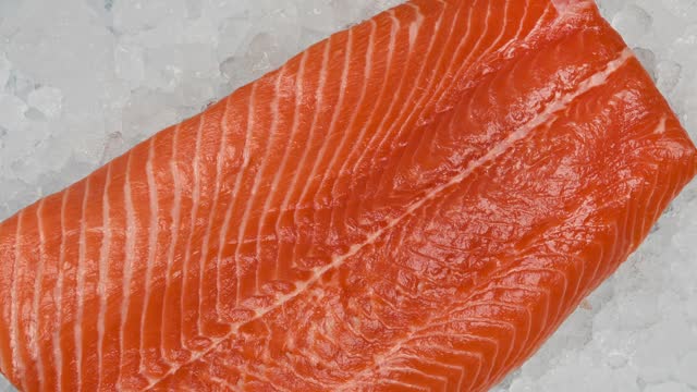 Close up raw salmon fish fillet on crushed ice