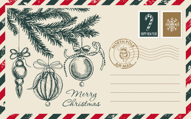 illustrazioni stock, clip art, cartoni animati e icone di tendenza di posta di natale, cartolina, illustrazione disegnata a mano. - greeting card christmas envelope mail