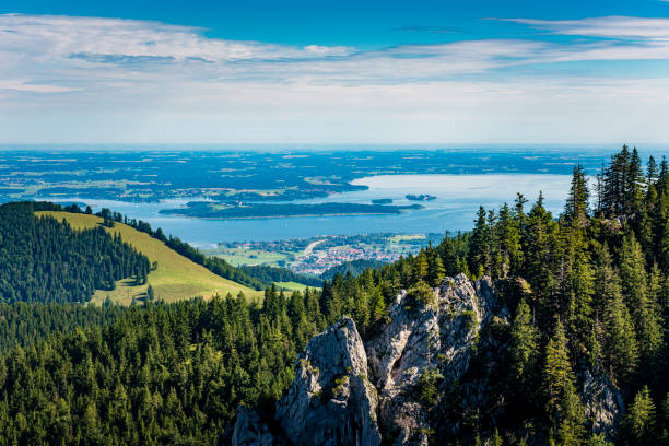 view from mountain Kampenwand at Chiemgauer Alps to Lake Chiemsee stock photo