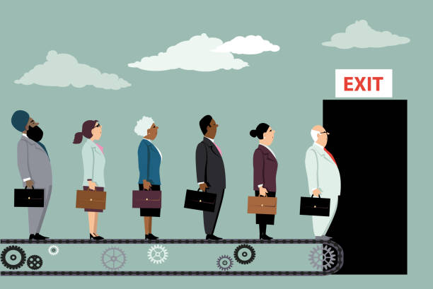 Great resignation Employees on a conveyor belt leaving their jobs, EPS 8 vector illustration goodbye stock illustrations