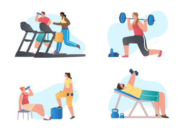 Set of athletes doing exercise Set of athletes doing exercise. Collection of images with people in gym. Training, fitnes, indoor. Healthy lifestyle, workout, sport. Cartoon flat vector illustrations isolated on white background clip art of a squat stock illustrations