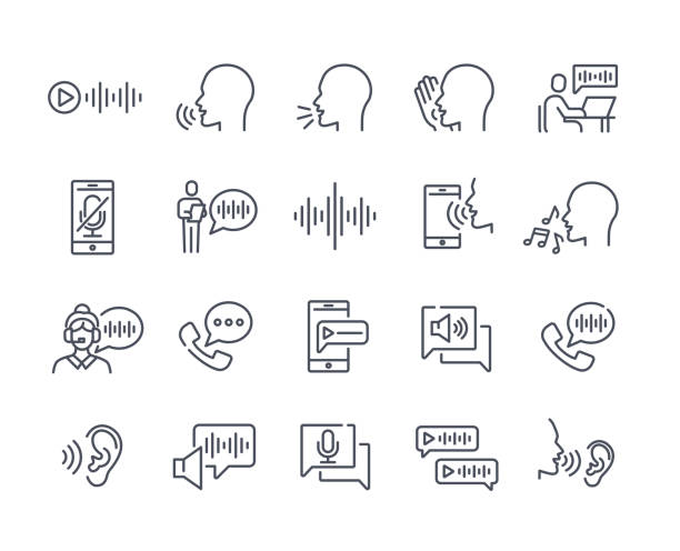 Black and white voice icons Black and white voice icons. Graphics for notifications, application development. Support avatar, call, singing, audio, silent mode. Cartoon flat vector illustration isolated on white background whispering stock illustrations