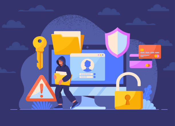 Concept of hacker Concept of hacker. Man steals personal data, Internet security. Character found out password and login, after which he stole folder from computer. Crime, virus. Cartoon flat vector illustration hacker laptop stock illustrations