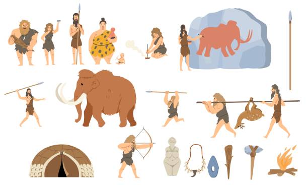 Primitive people hunt concept Primitive people hunt concept. Ancient wild people forage, cook, shoot arrows and draw mammoths in cave. Men and women in animal skins. Cartoon flat vector sticker set isolated on white background paleo stock illustrations