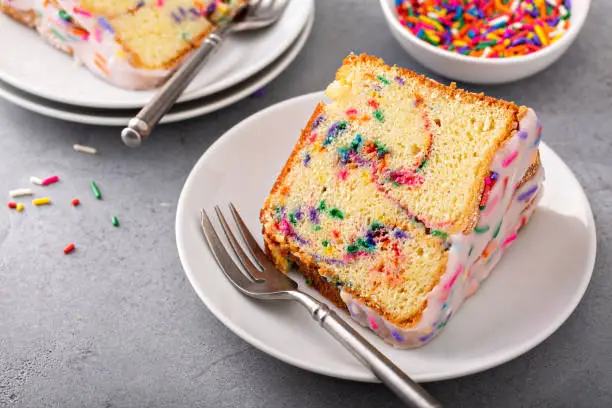 Celebration funfetti pound bundt cake with sprinkles and sugar glaze