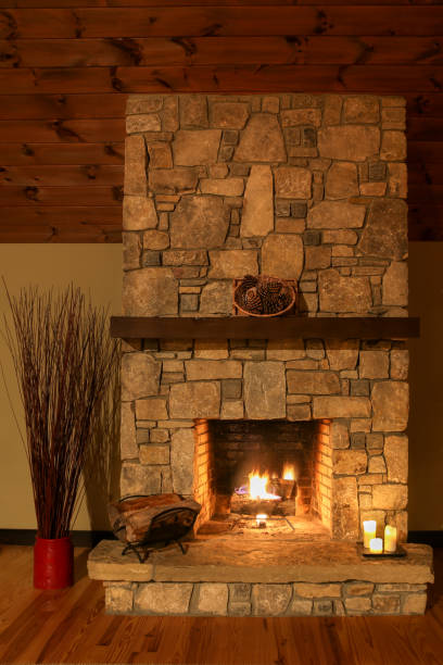 This image showcases an elegant stone fireplace with intricate wooden bookshelves on either side, providing a cozy and sophisticated living room ambiance.