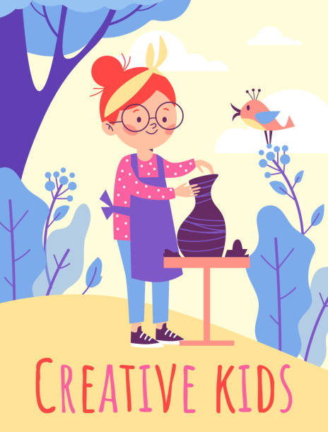Creative kids banner with child girl doing ceramic art, flat vector illustration. Creative kids concept for banner or advertising card with child girl doing ceramic art, flat vector illustration. Kids creativity and art skills development. craft activities for preschoolers stock illustrations