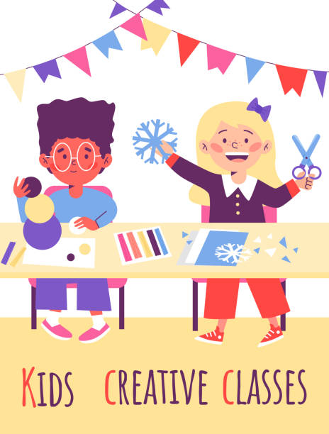 Kids creative classes advertising banner or card flat vector illustration. Kids creative classes advertising banner or card layout, flat vector illustration. Poster template with children learning at school creative art classes. craft activities for preschoolers stock illustrations