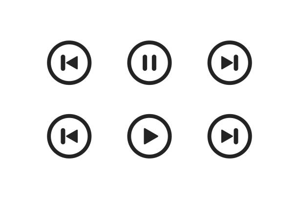 ilustraciones, imágenes clip art, dibujos animados e iconos de stock de juego de círculos, botón de pausa. concepto de barra de música. símbolo de audio de parada. retroceder y saltar música en vector plano - jugar