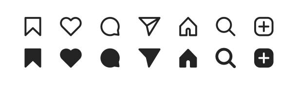 Social media icon, set. Like icon. Share button. Comment sign. Save symbol. App message line illustration in vector flat Social media icon, set. Like icon. Share button. Comment sign. Save symbol. App message line illustration in vector flat style. social media icons stock illustrations