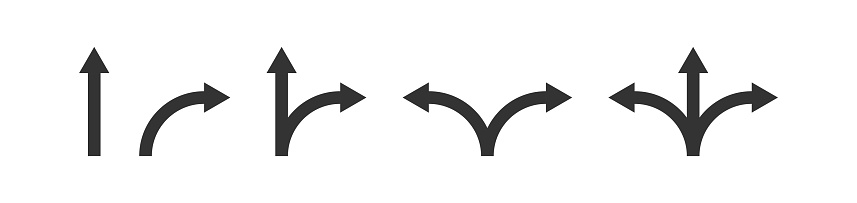 Road way arrow icon set. Fork sign. Two way, three way arrow. Right and left direction in vector flat style.