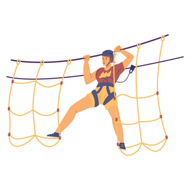 Woman walking adventure rope park trail in flat vector illustration isolated Woman walking adventure rope park trail in flat vector illustration isolated on white background. Brave female cartoon character in helmet, protective gear overcomes dangerous obstacles rope climbing stock illustrations