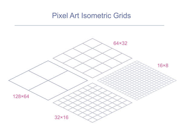 die beliebtesten isometrischen pixel art-raster und ihre zellgrößen - pixel art grafiken stock-grafiken, -clipart, -cartoons und -symbole