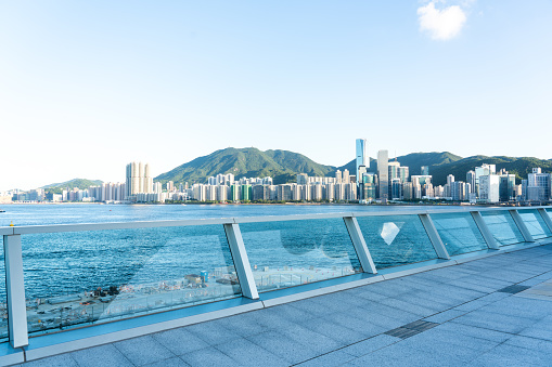Empty footpath with cityscape and skyline of Hong Kong