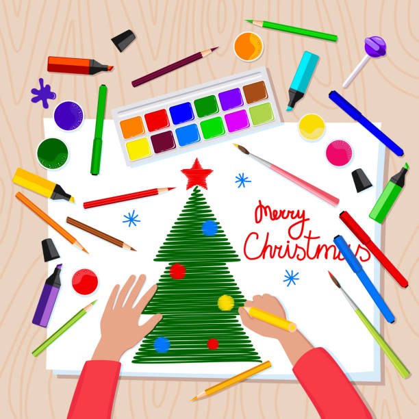 ilustrações, clipart, desenhos animados e ícones de criança, menino ou menina desenha cartão de natal brilhante com lápis, tintas, marcadores - christmas tree paint equipment work tool