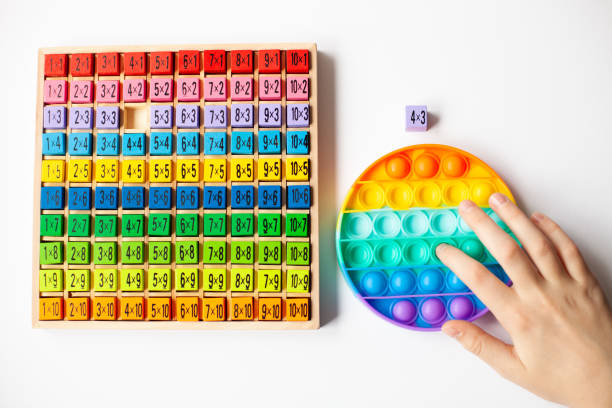 Trendy toy pop it is used by kid for learning multiplication table. stock photo