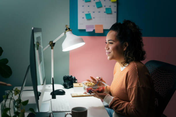istock Young woman at late night in online classes lessons 1350039406