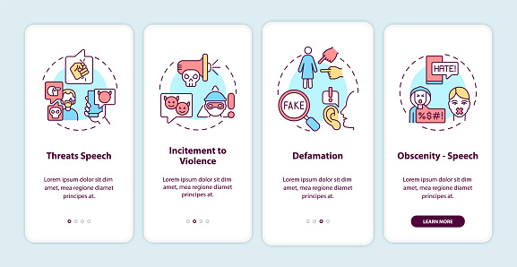 Non-protected speech types onboarding mobile app page screen. Defamation and threats walkthrough 4 steps graphic instructions with concepts. UI, UX, GUI vector template with linear color illustrations