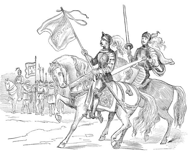 istock Medieval Knights Carrying a Heraldic Flag on the Battlefield - 14th Century 1350041504