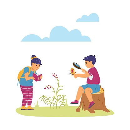 Children take education journey on nature outside. Boy watch butterfly with magnifying glass, young girl check information about wildflowers in her handbook. Cartoon vector illustration.