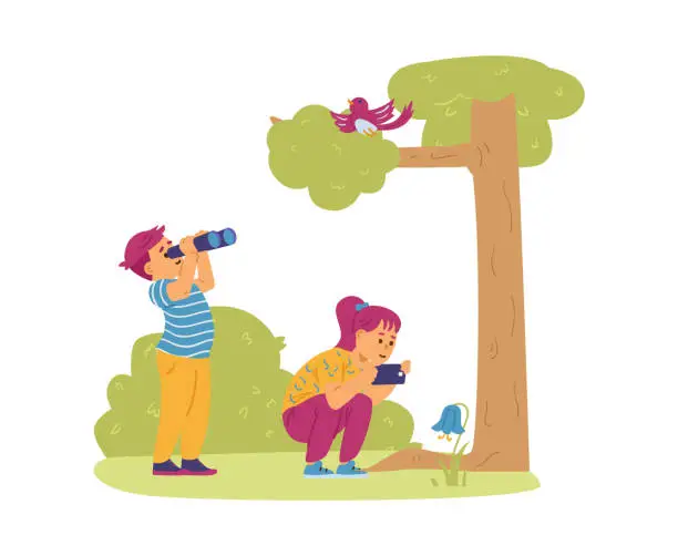 Vector illustration of Kids Bird Watching and Take Photos of Bluebell Flower. Boy and girl explore nature in the forest on summer vacation.