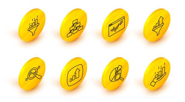 세트 라인 재무 성장, 검색 데이터 분석, 차트와 판매 깔때기, 그래프 인포그래픽, 계층 구조 유기및 아이콘. 벡터 - isolated on yellow magnifying glass searching glass stock illustrations