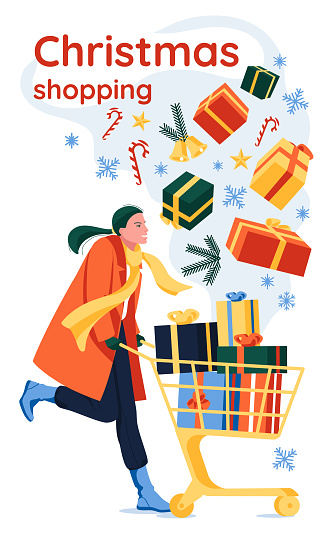 Happy young woman rolling supermarket trolley full of christmas gifts. Holiday decoration elements. Discount banner and flyer, Flat cartoon vector illustration