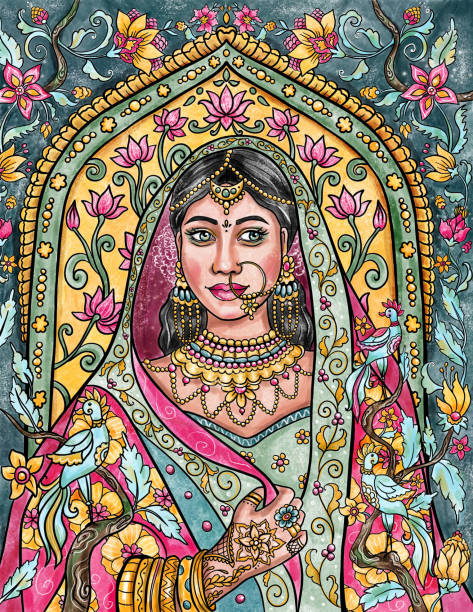 ilustraciones, imágenes clip art, dibujos animados e iconos de stock de novia india con atuendo tradicional de sari con fondo ornamental, ilustración colorida - indian god
