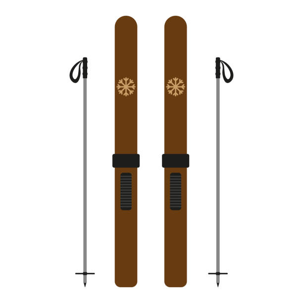 ilustrações, clipart, desenhos animados e ícones de velhos esquis de madeira e postes de esqui. esqui. desenho vetorial. objeto isolado em um fundo branco. isolar. - ski pole