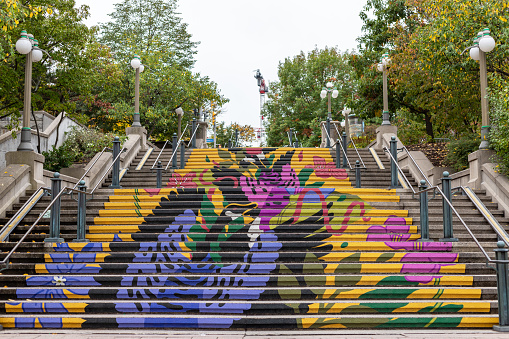 Ottawa, Canada - October 14, 2021: Canadian public art on steps. Painted stairs from Byward Market area to Majors Hill Park in downtown of the city.