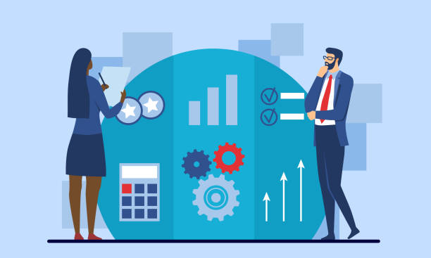 Strategy for company development concept Strategy for company development concept. Employees conduct comparative analysis to improve their work. Competitiveness of business. Cartoon flat vector illustration isolated on blue background comparison stock illustrations