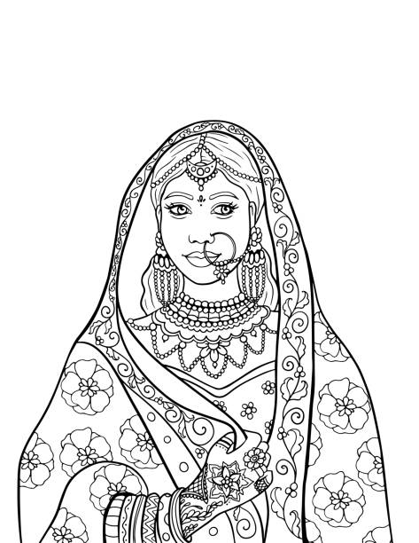 ilustrações, clipart, desenhos animados e ícones de noiva indiana em vestido étnico tradicional isolado em fundo branco, vetor - saree