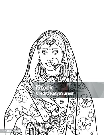 istock Indian bride in traditional ethnic dress isolated on white background, vector 1350056960
