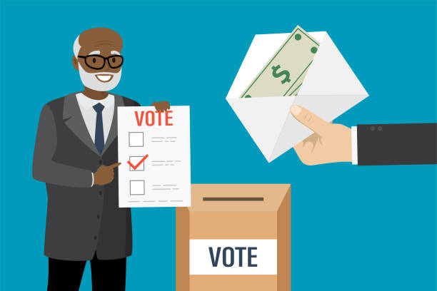 ilustrações de stock, clip art, desenhos animados e ícones de elderly african american man votes in an election or referendum. ballot box. corruption, bribery of voters. - president men cartoon old