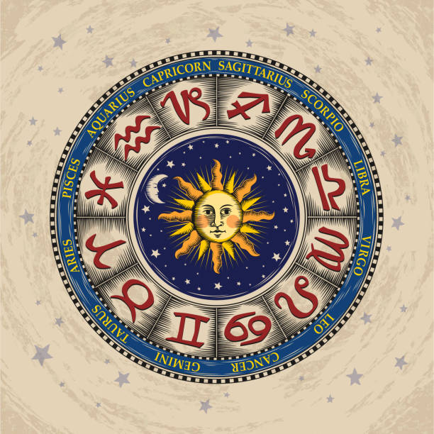 illustrazioni stock, clip art, cartoni animati e icone di tendenza di astrology wheel colore - fortune telling astrology sign wheel sun