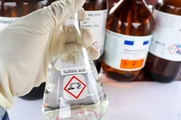 Photo of sulfuric acid in glass, chemical in the laboratory