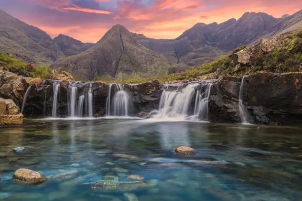 Amazing sunset at the Fairy Pools, Glen Brittle, Isle of Skye, Scotland.