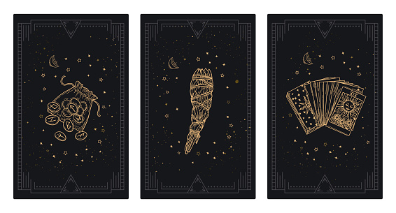 Cover set of magical tarot cards. Esoteric symbols in boho style, vector illustration set.