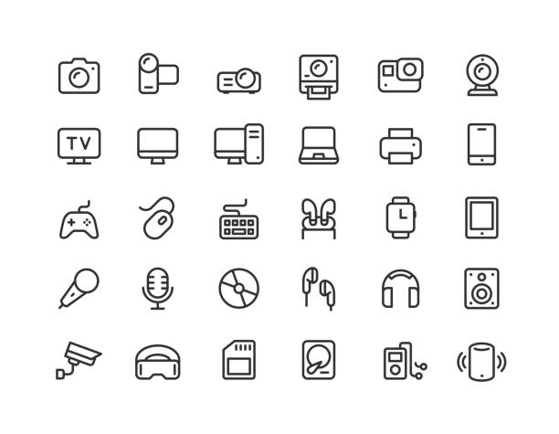 geräte liniensymbole bearbeitbarer kontur - computer icon symbol icon set media player stock-grafiken, -clipart, -cartoons und -symbole