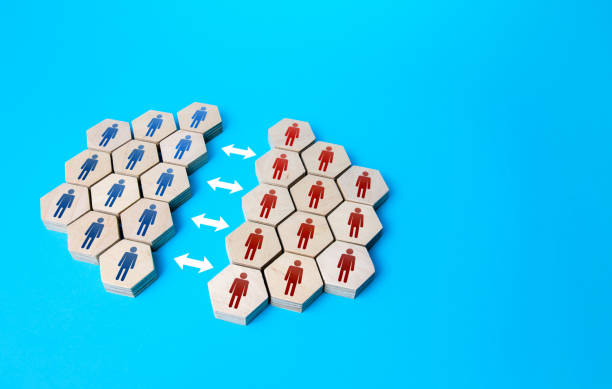 istock People are divided into two groups. Two camps of thought. Community split. Integrity violation. Opinion differences. Merging into a organization. Association breakup. Reconciliation and consensus 1350080522