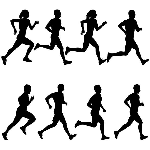 Set of silhouettes. Runners on sprint men and women on white background vector art illustration