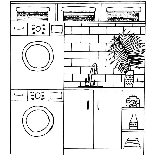 Vector illustration of Home laundry room coloring page