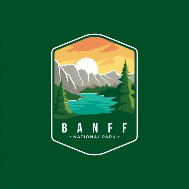 ilustraciones, imágenes clip art, dibujos animados e iconos de stock de ilustración del icono del parche del emblema del parque nacional banff sobre fondo oscuro - landscape canada mountain rock