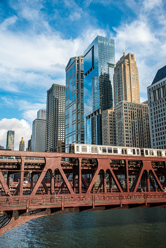 Subway crossing Dearborn Street bridge in Chicago, USA