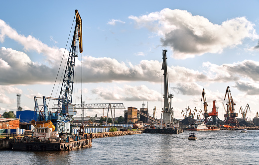 Cranes for removing cargo from freight ships at the Port of Rotterdam, Netherlands.