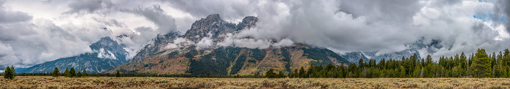 Panoramic view of the Grand Teton mountain chain in Wyoming, USA