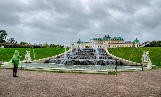 Munich, Germany - October 13, 2019: Nymphenburg castle (Schloss Nymphenburg) is the biggest Baroque palace in Munich. The baroque facades comprise an overall width of about 700 metres. It is one of the most visited sights of Munich.