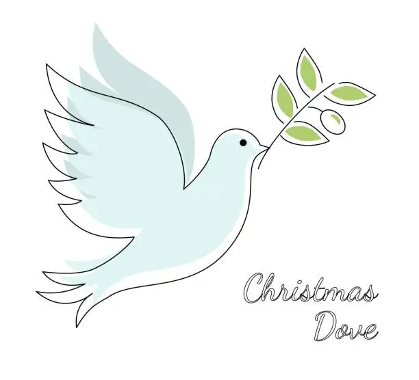 Vector illustration of Christmas Dove Pigeone in festive colors Merry Christmas and Happy New Year folk art web banner bird illustration Peace Dove with branch Merry Christmas and winter holidays greeting card design